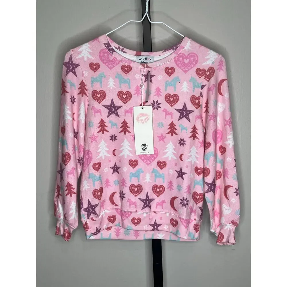 Wildfox Kids Pink Heart Star Print Sweatshirt NWT Size 7/8 Girls